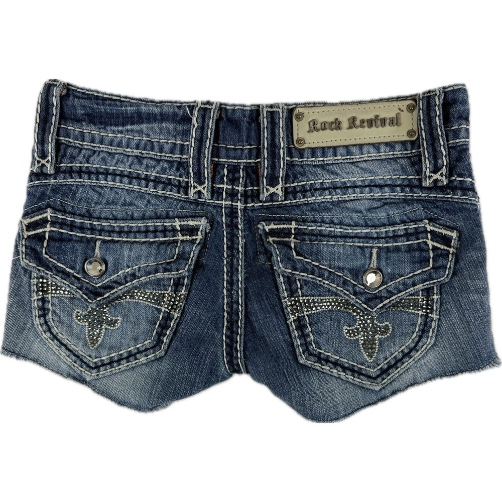 Rock Revival Distressed Dark Blue Denim Cutoff Shorts with Embellished Pockets